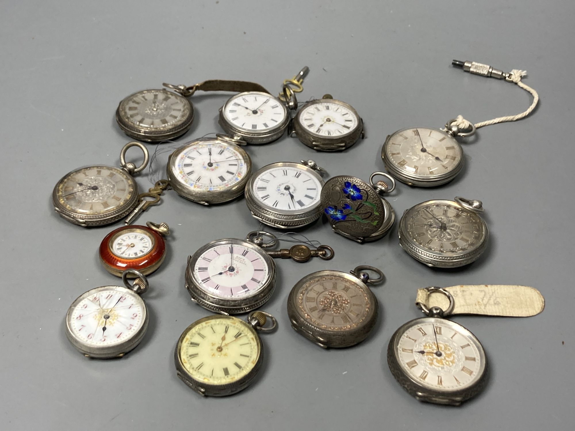 Fifteen assorted early to mid 20th century white metal fob and pocket watches including four with enamel (a.f).